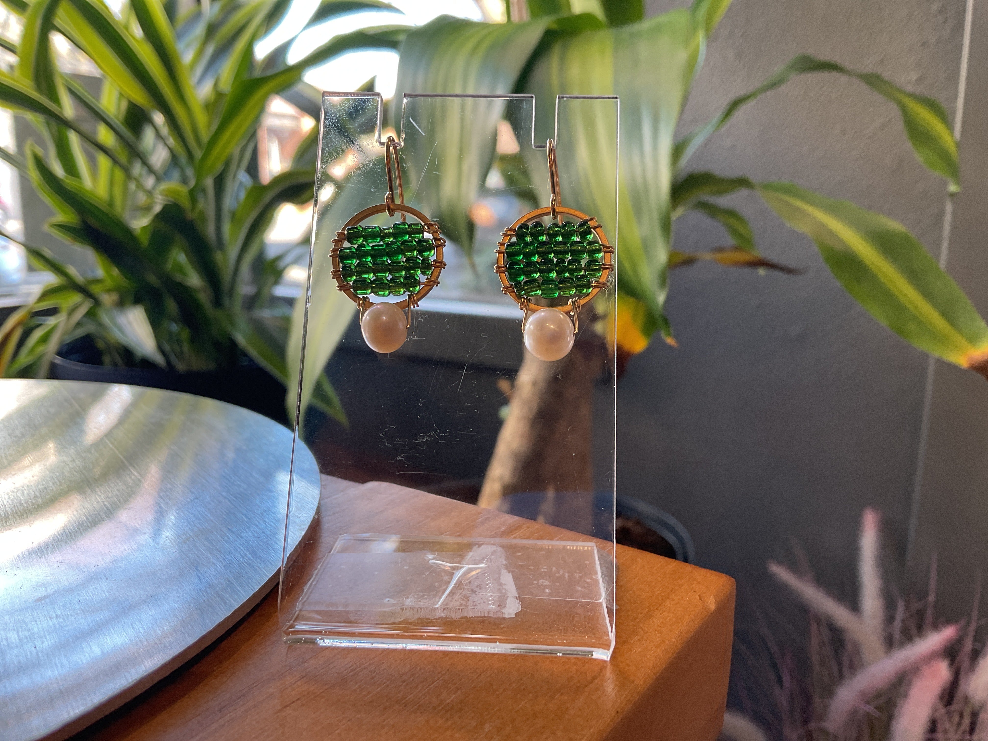 Gold Round Green Beaded Dangle with a pearl