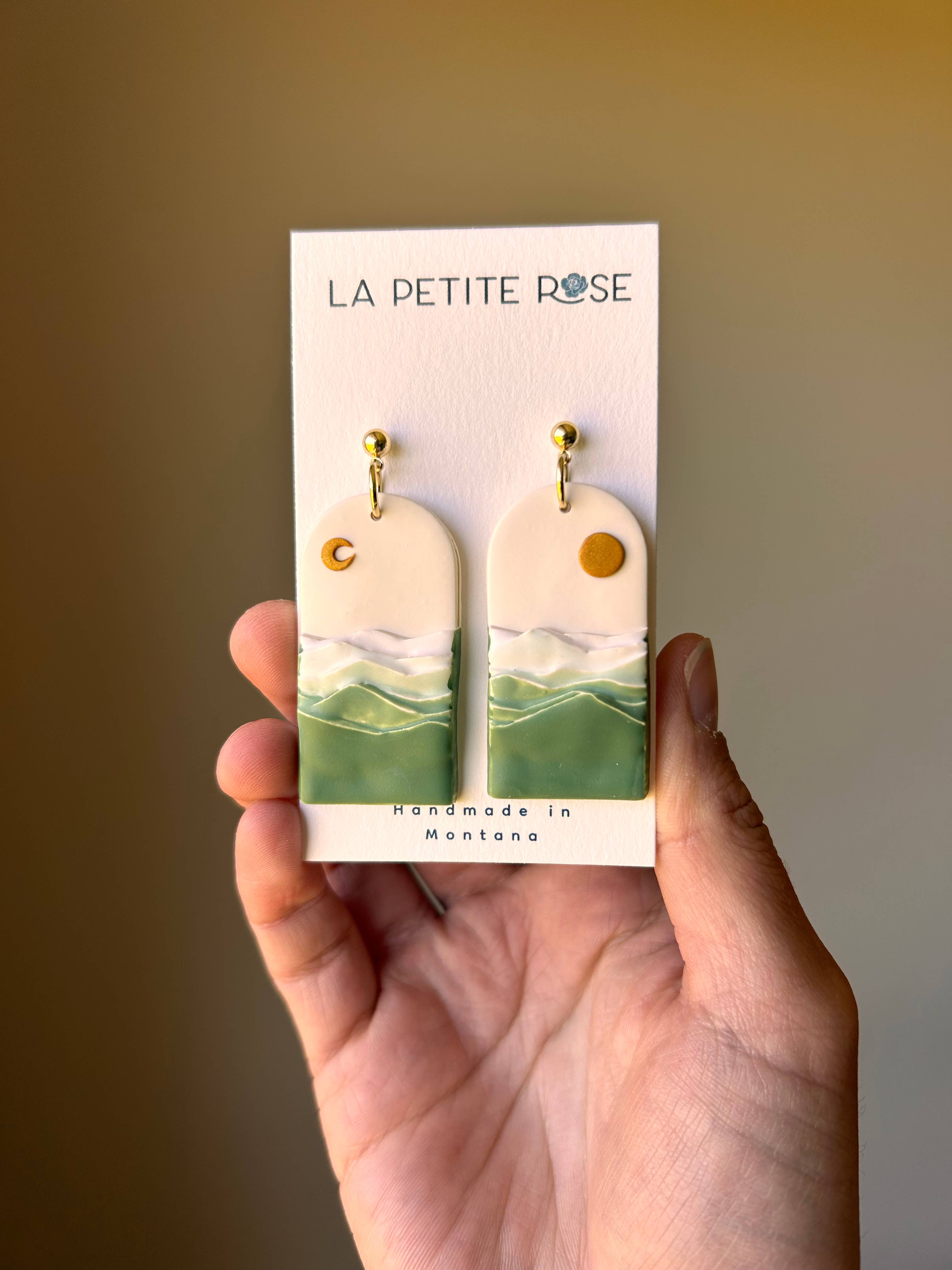 Green Day Night Landscape Earrings, Sun Moon Dangles