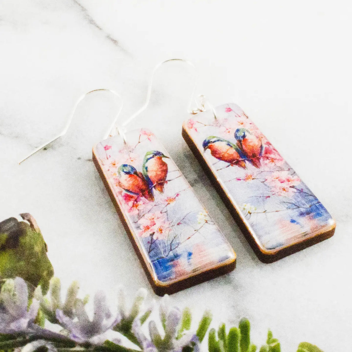 Birds + Cherry Blossoms Tapered Rectangle Earrings