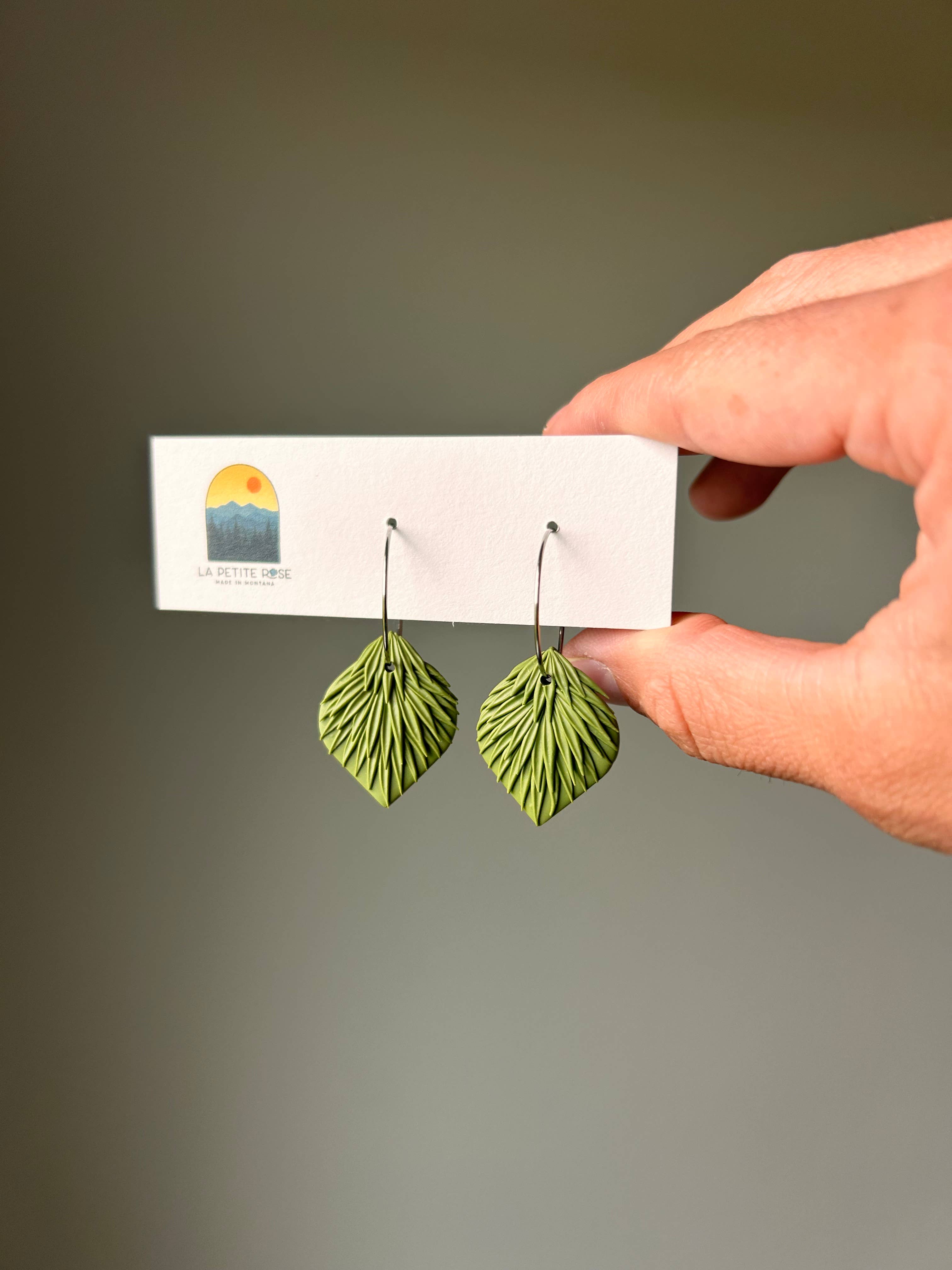 Olive Green White Clay Earrings, 20 mm hoops