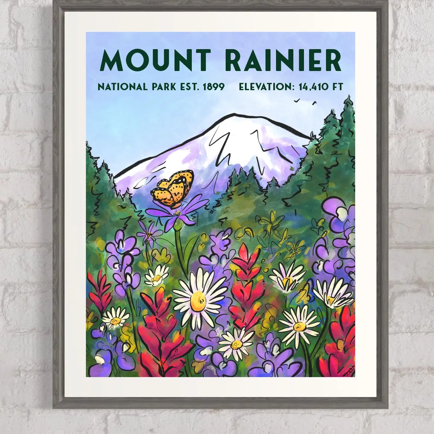 Mount Rainier in Bloom Retro Travel Poster