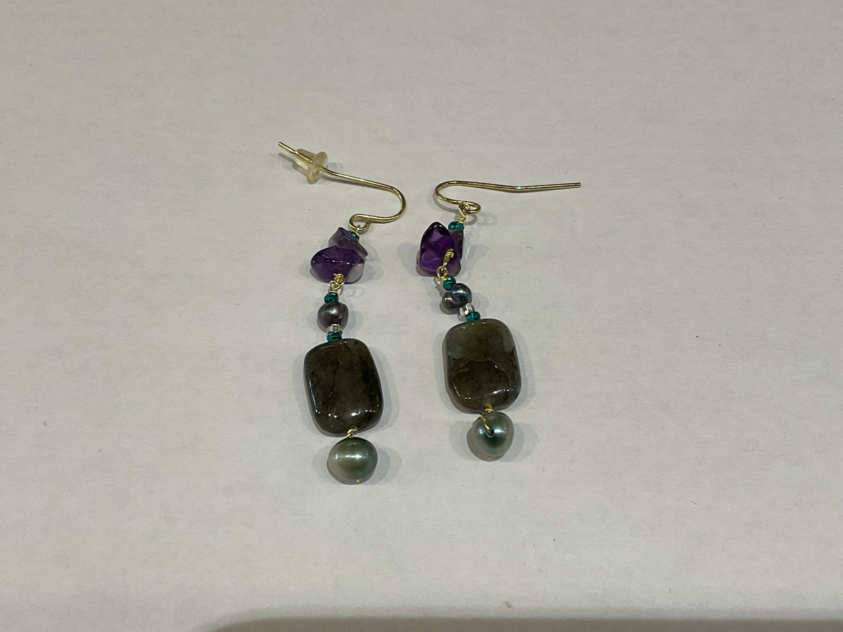 Labradorite, Pearl and Amethyst Earrings