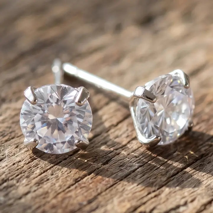 6mm Cubic Zirconia Stud Earrings – 18k White Gold Plated Hypoallergenic Solitaire Studs – Mystical Boho Jewelry
