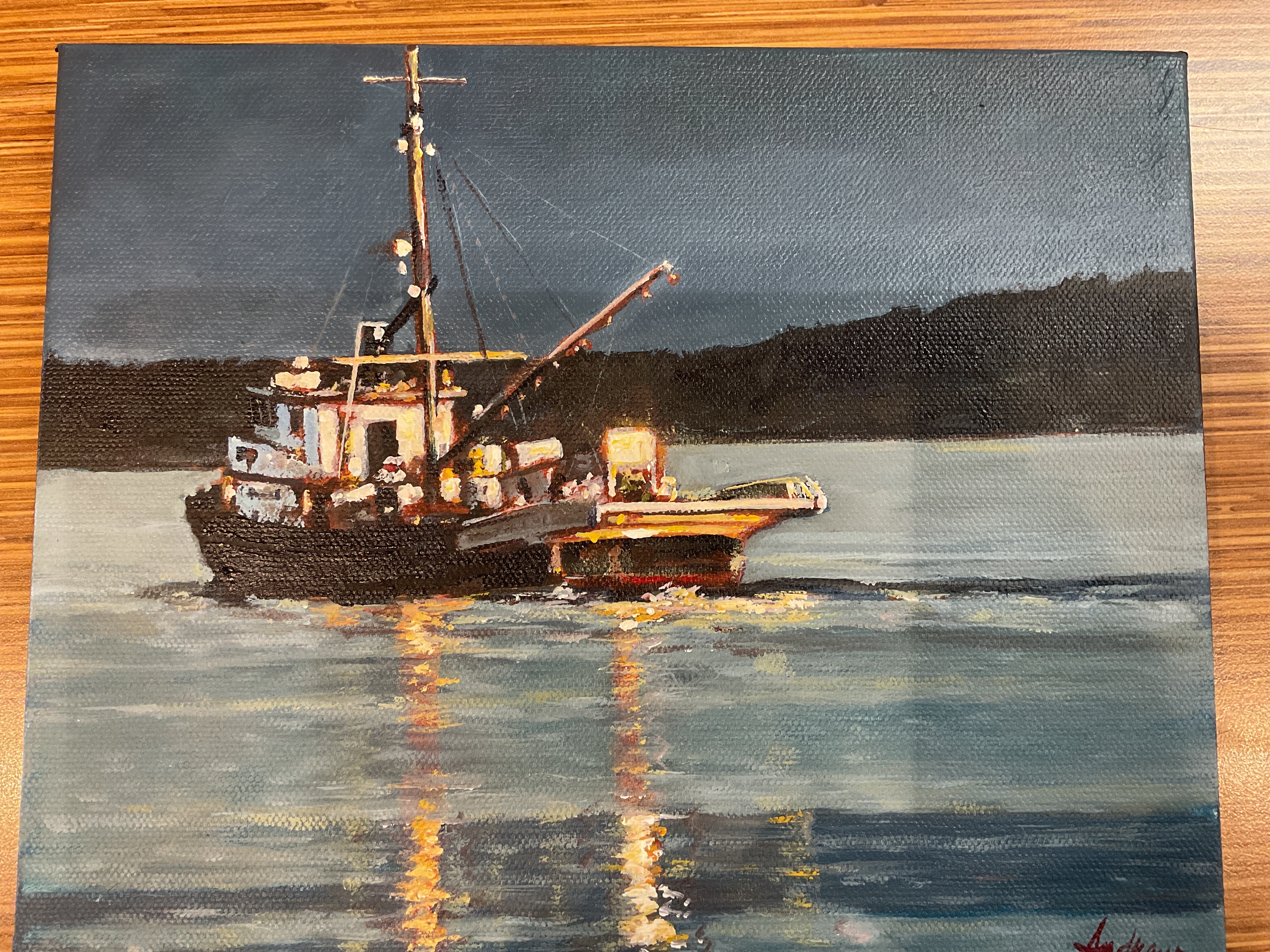 Boat in the Night Harbor By Andrew Sheldon