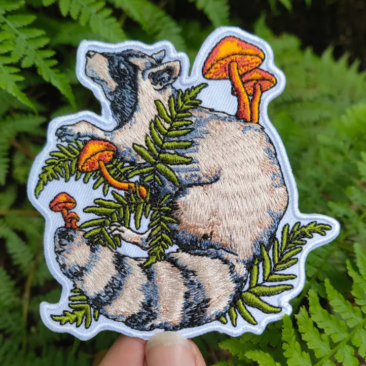 Raccoon Forager - Embroidered Patch - Forest Mushroom Fern