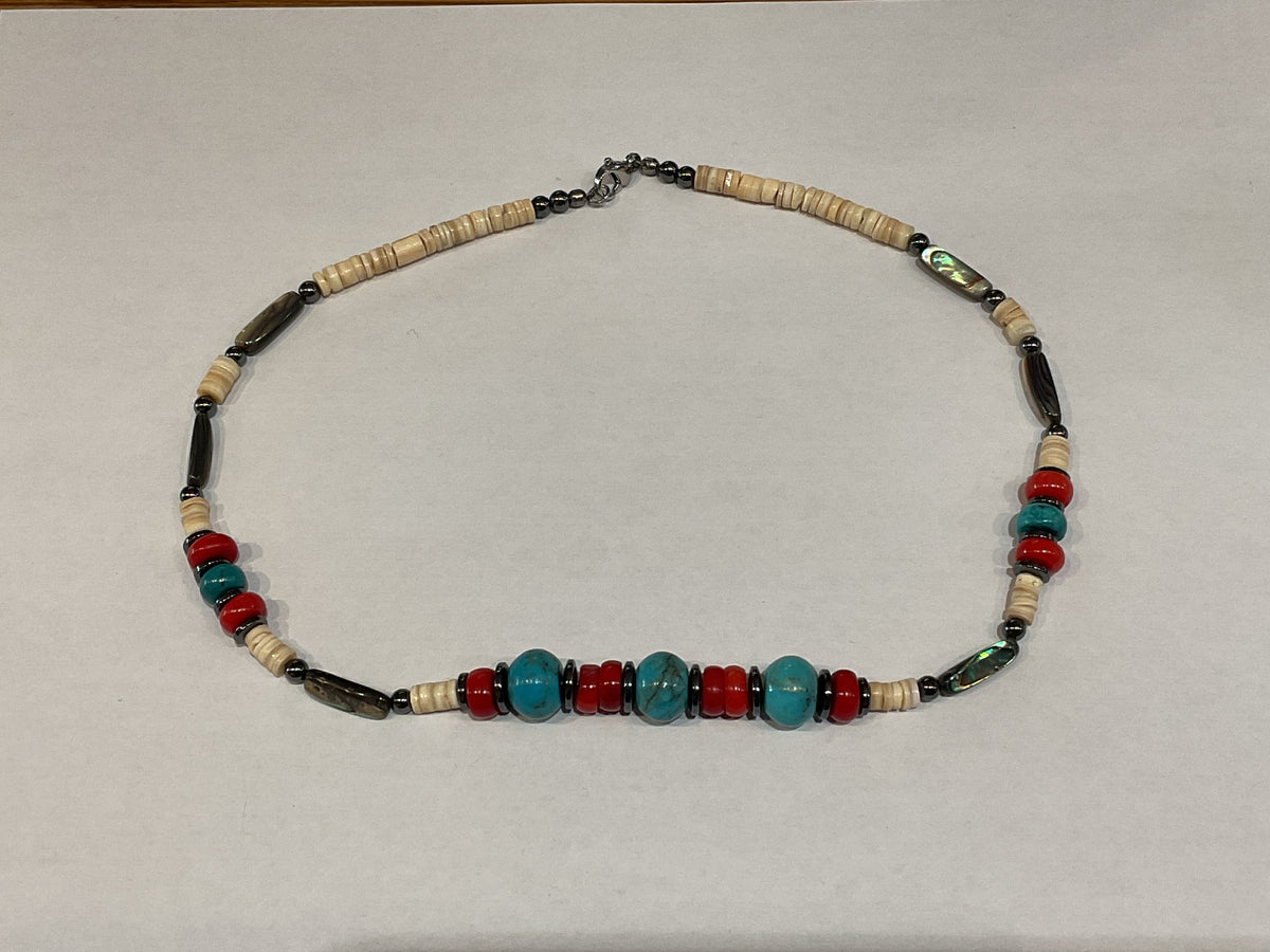 Turquoise, Coral and Abalone Beaded Necklace