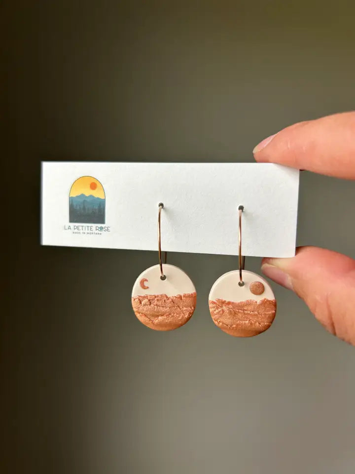 Big Sky Mountain Landscape Clay Earrings, Sun Moon Dangles II