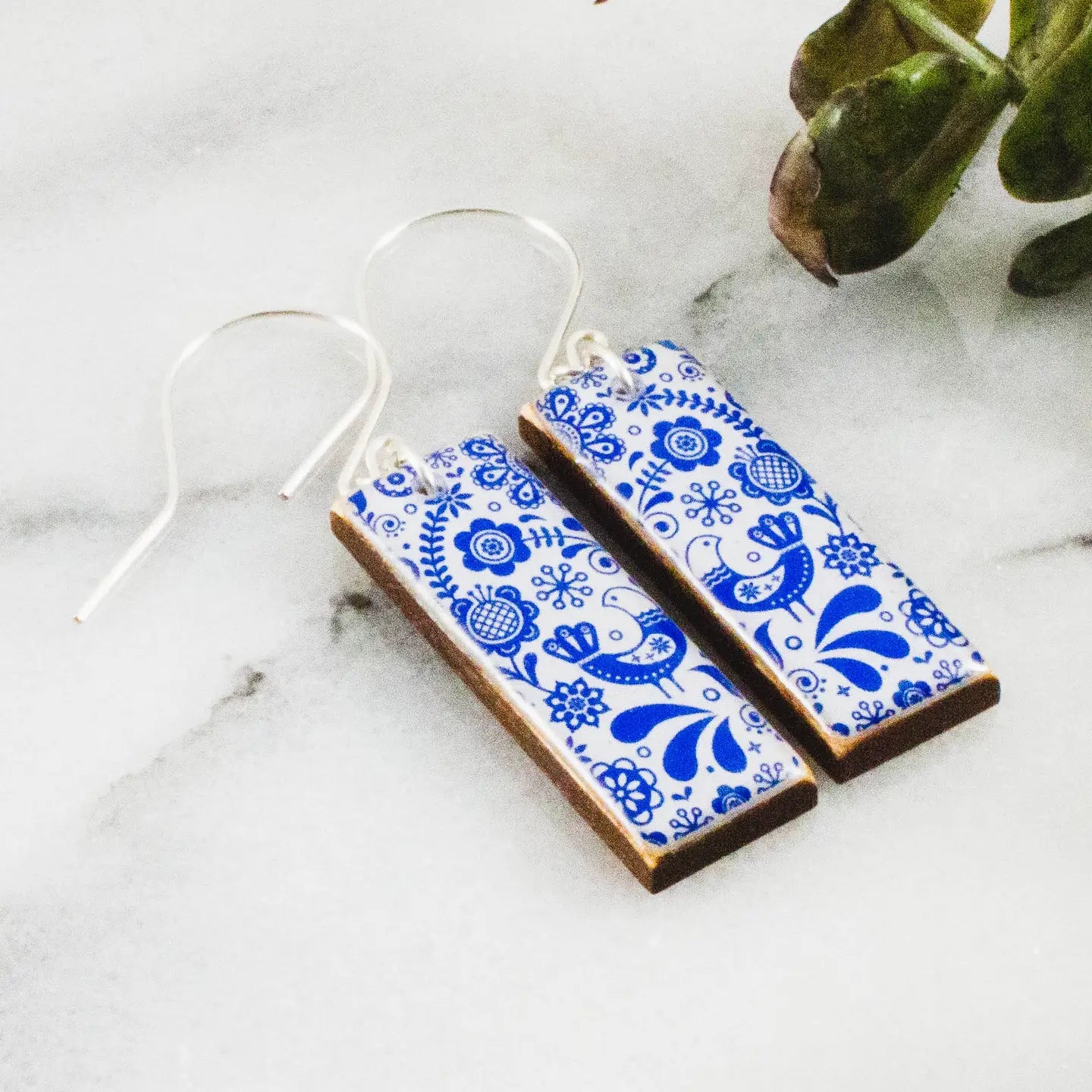 Blue + White Swedish Floral Rectangle Earrings
