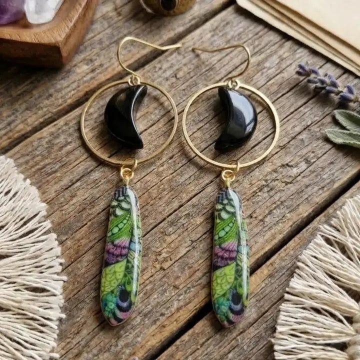 Bohemian Obsidian Feather Dangle Earrings