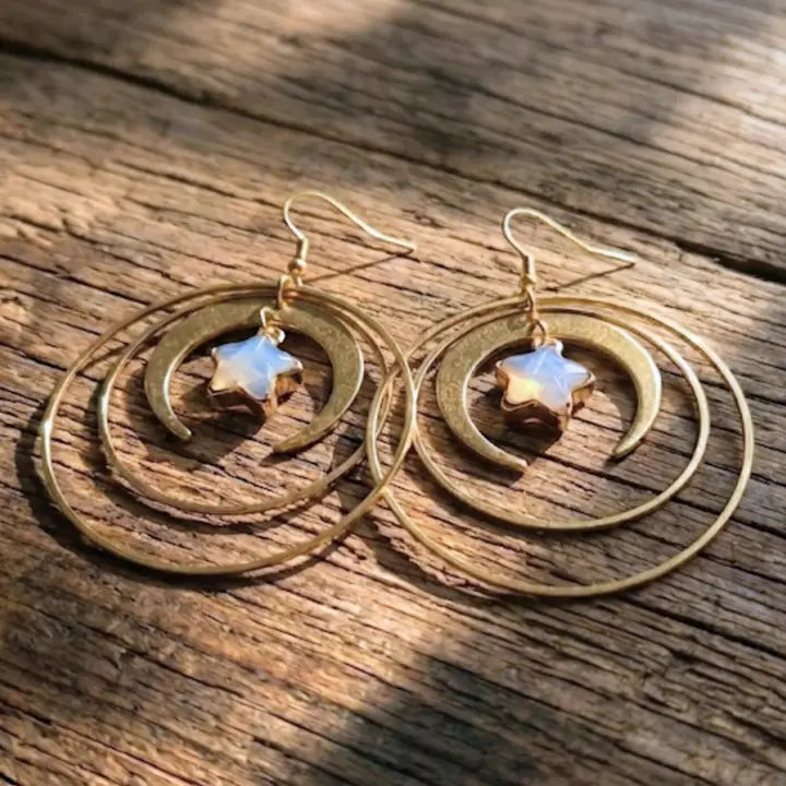 Celestial Orbit Earrings with Opalite Star Dangles - A Dreamy Dangle