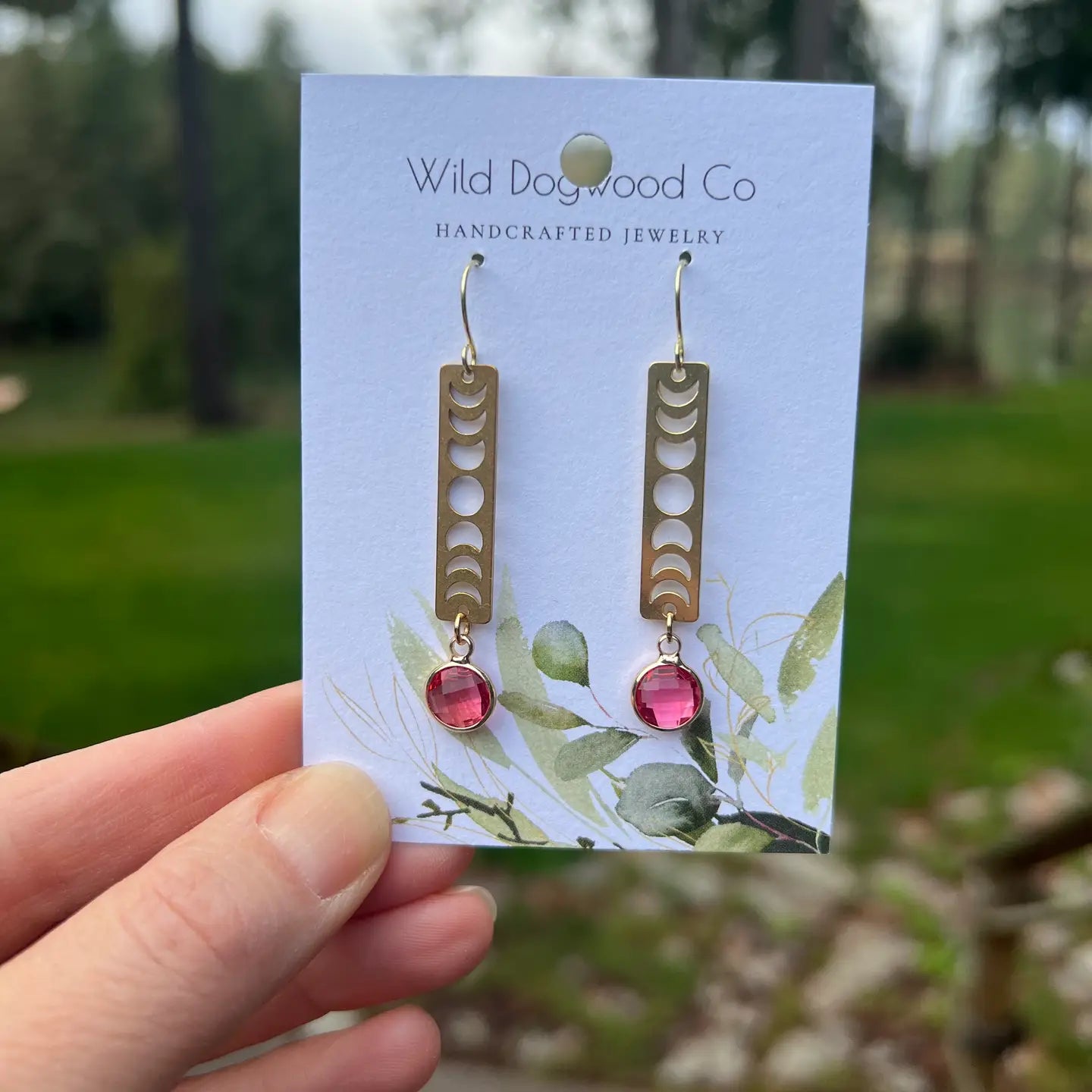 Crescent Moon Pink Brass Dangle Earrings