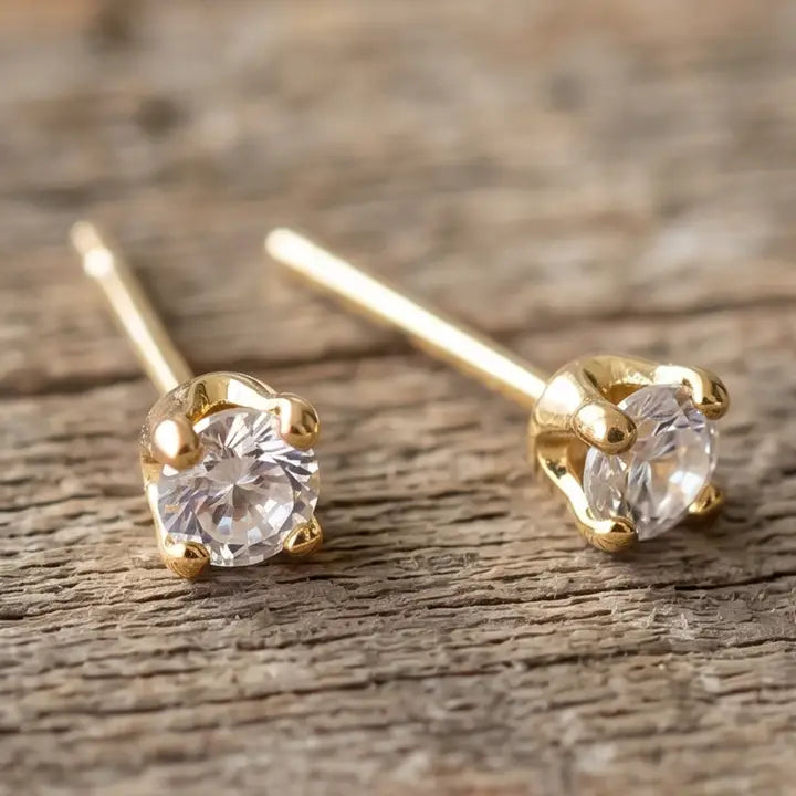 Dainty 18k Gold Plated Stud Earrings - Tiny 3mm Cubic Zirconia Piercing Studs