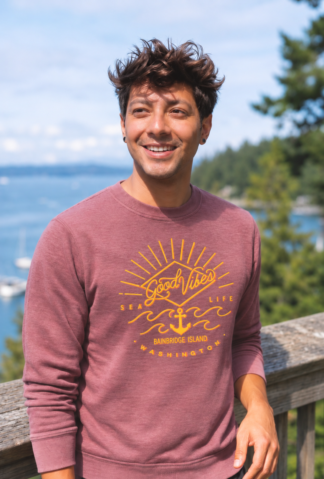 Good Vibes Sea Life Fleece Sweatshirt Crew Redwood