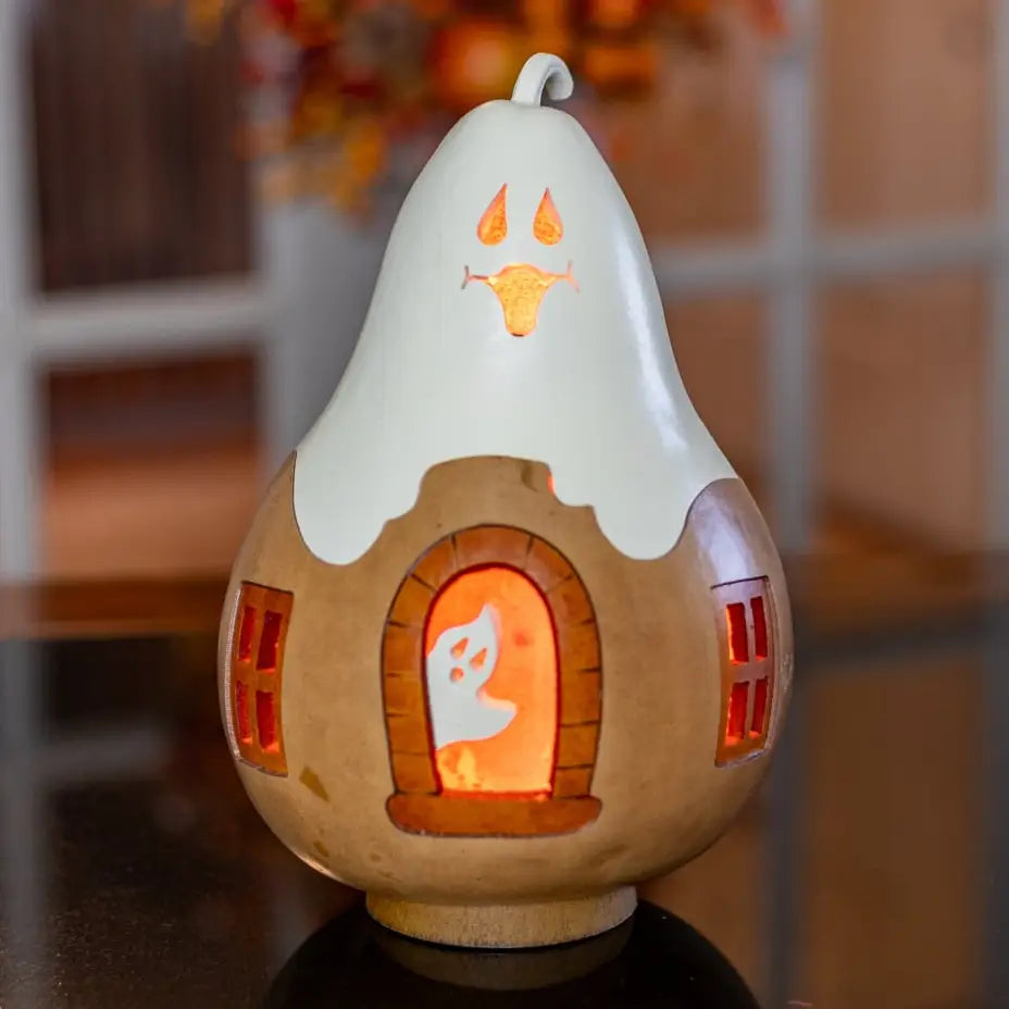 Hand-Crafted Gourd - Ghost Cottage Lit - Halloween Decor