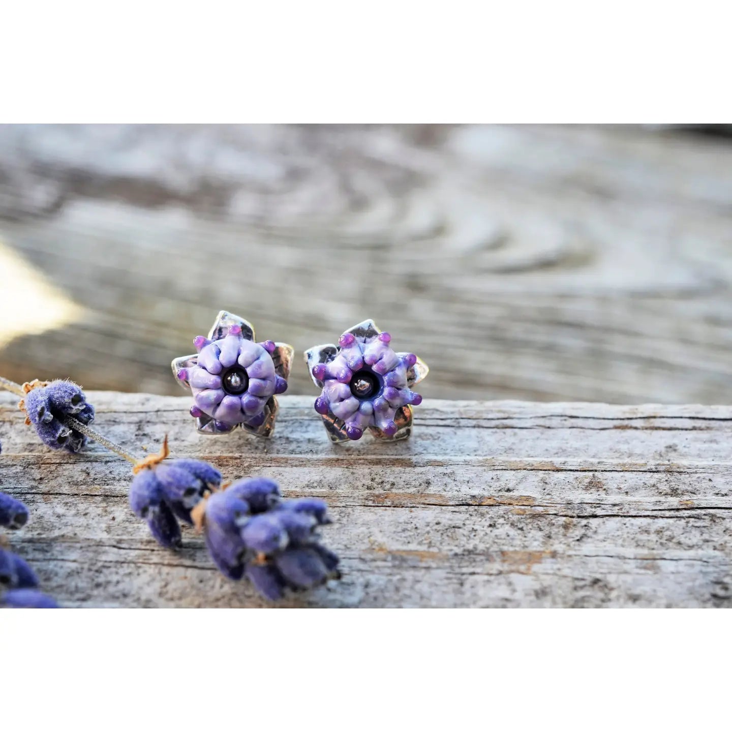 lavender flower earrings Lavender Bud Studs Handcrafted Glass, Silver Post Earrings