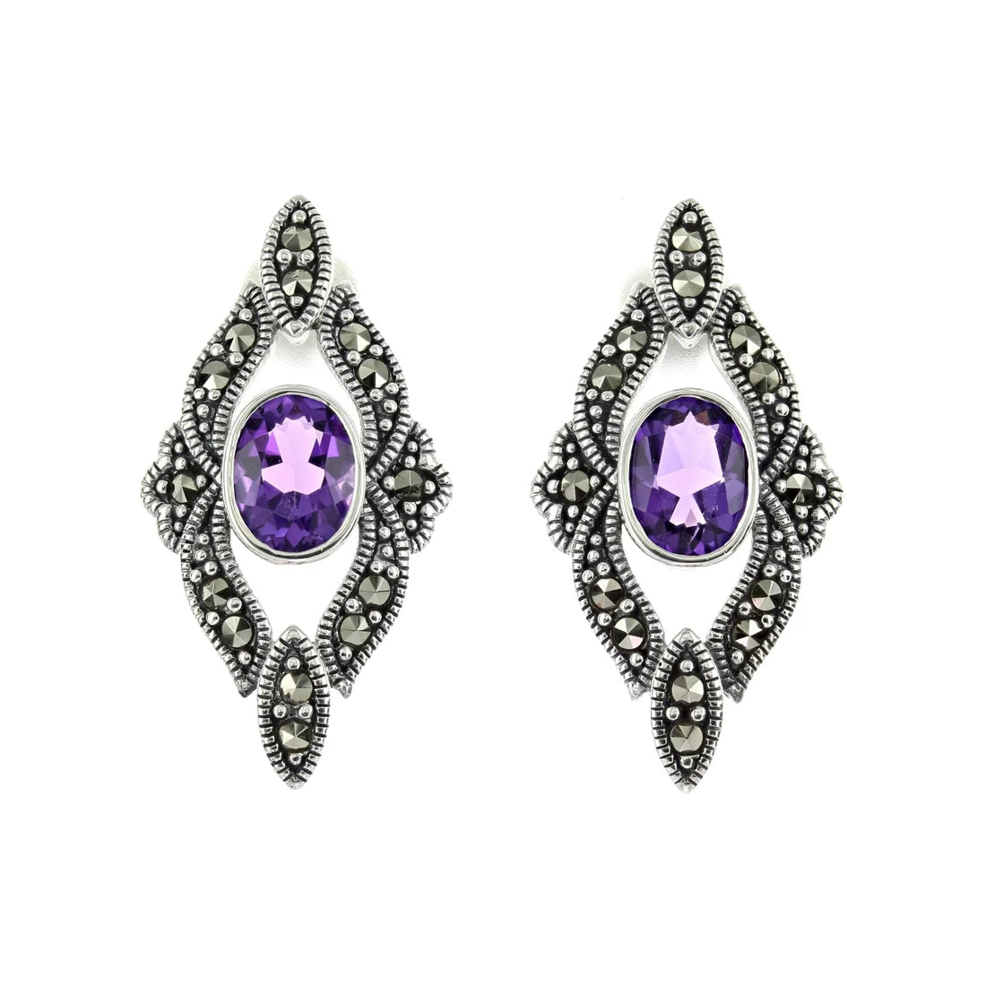 Marcasite & Amethyst Stud Earrings Silver / Black