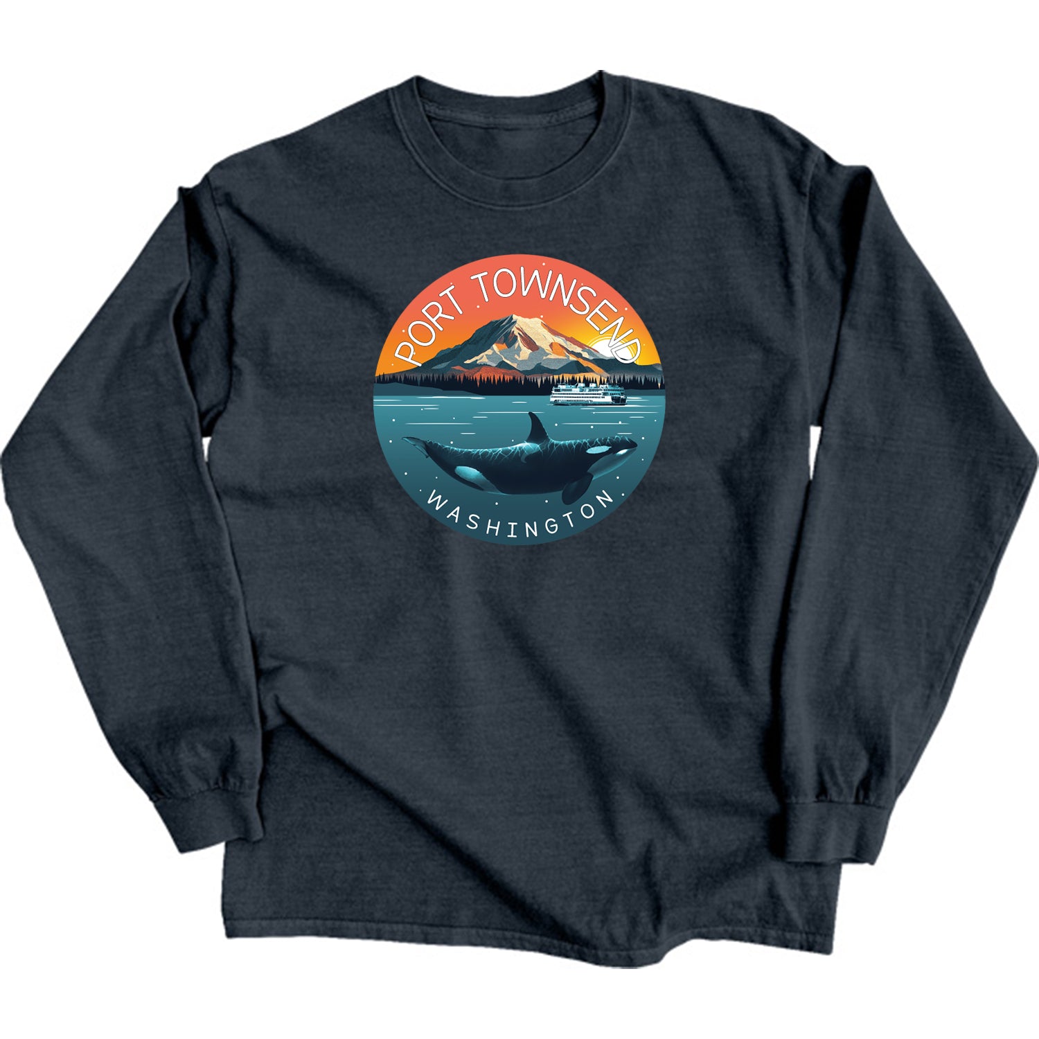 Mount Rainier Orca Port Townsend Unisex Long Sleeve Shirt (Navy)