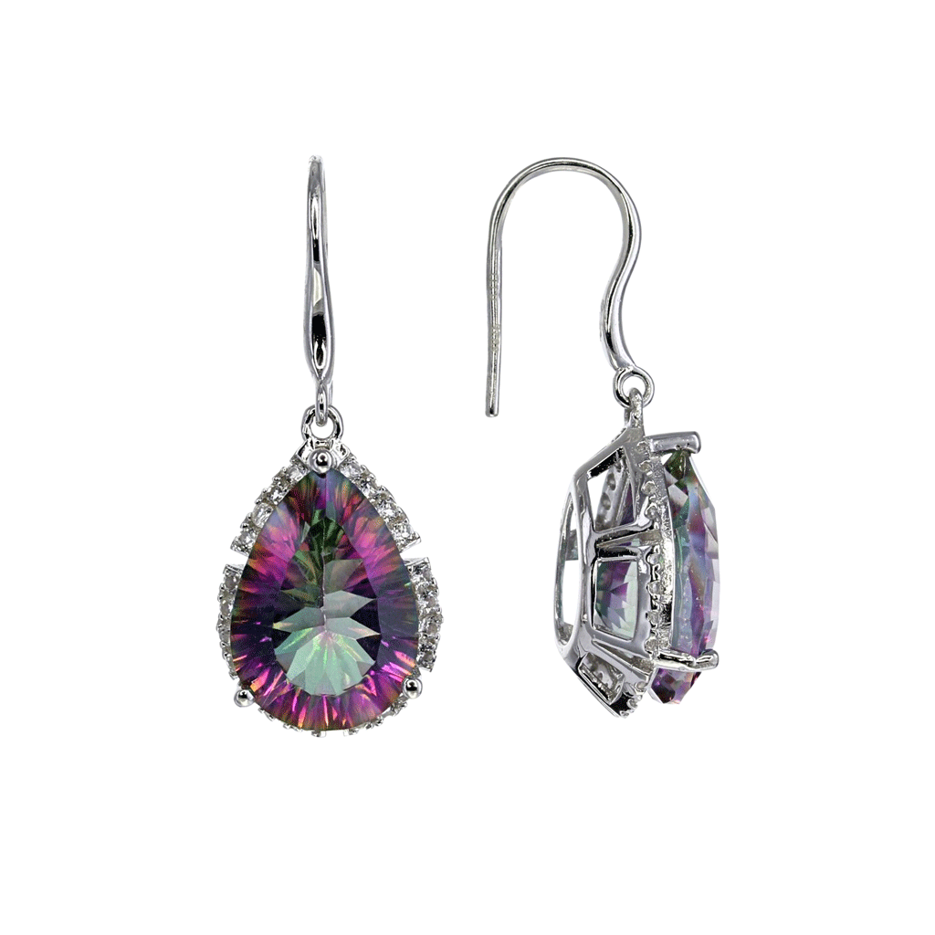 Mystic Quartz Teardrop Earrings in Sterling Silver with White Topaz Halo Purple / Green / Pink, Color