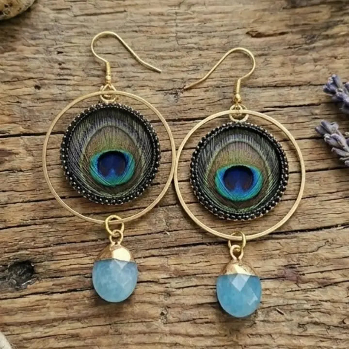 Peacock Feather & Jade Gemstone Dangle Earrings