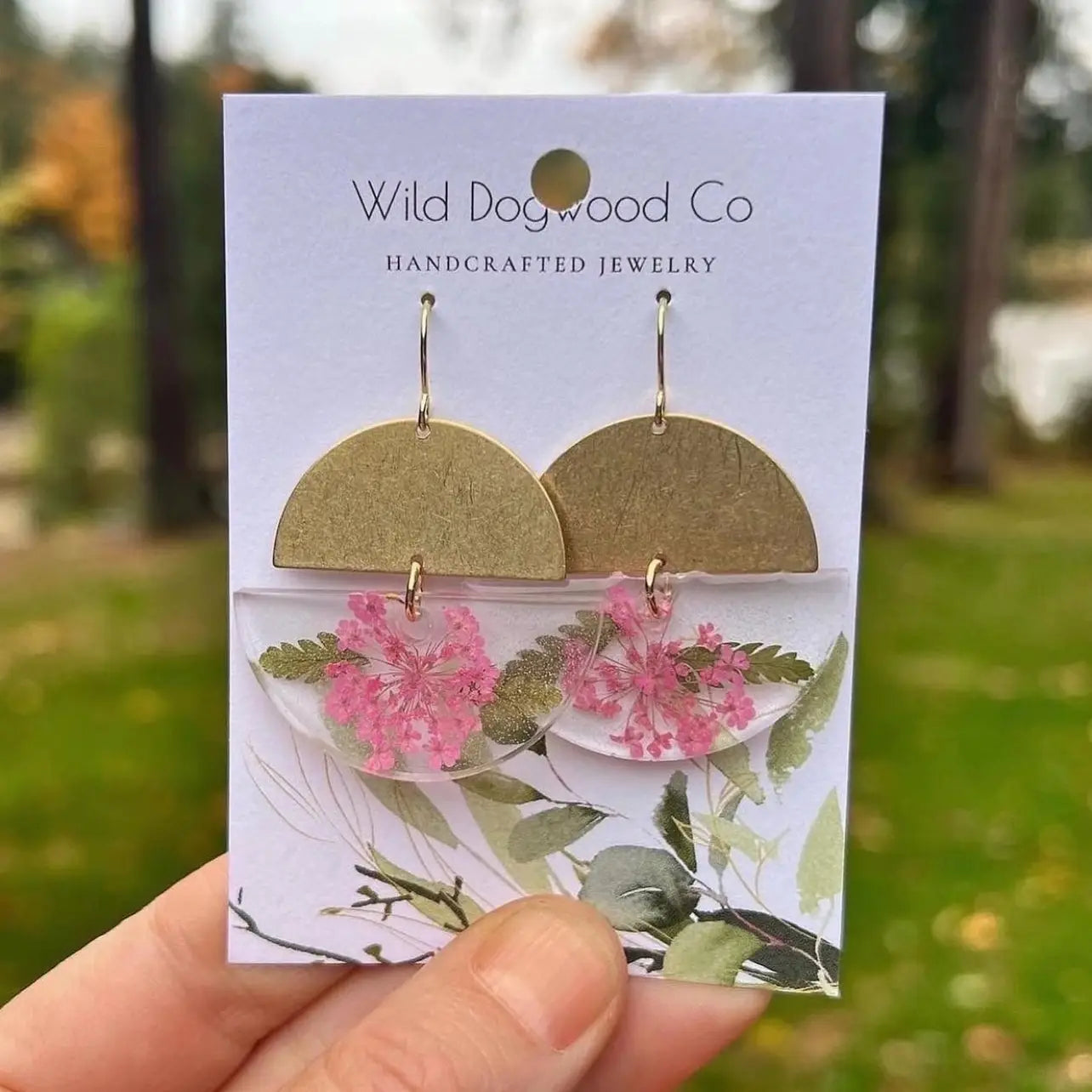 Pressed Light Pink Flower and Brass Half Moon Earrings