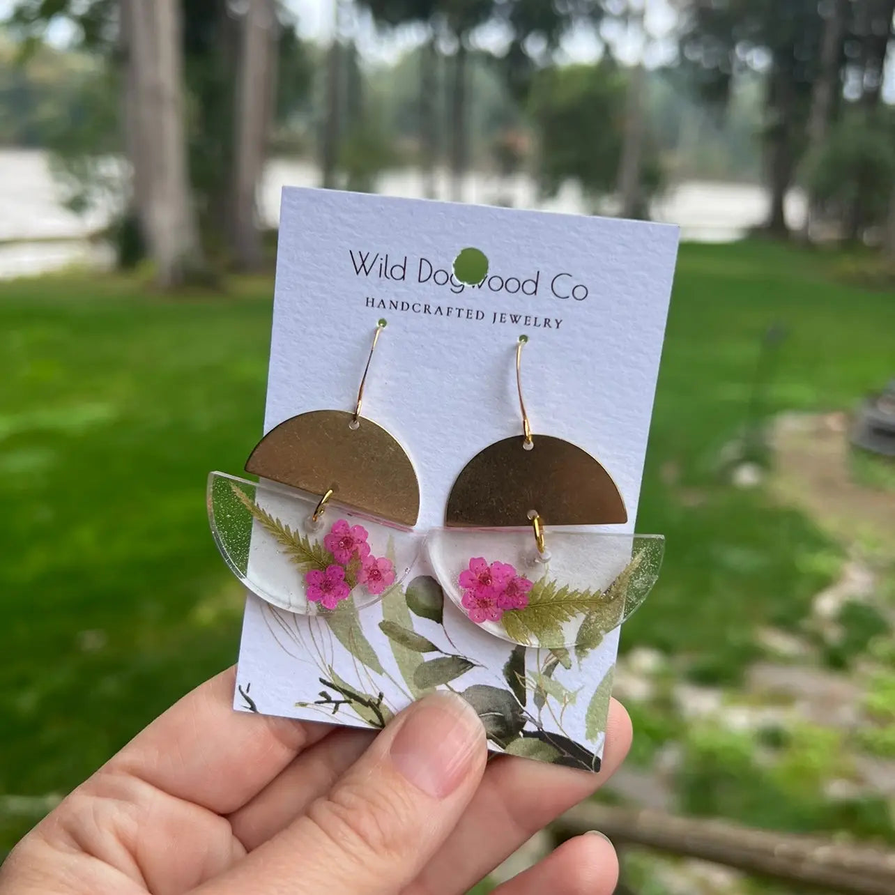 Pressed Pink Flower and Brass Half Moon Earrings