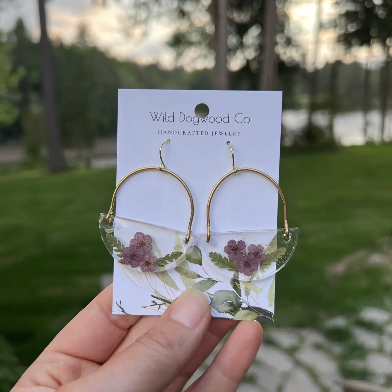 Pressed Purple Flower and Brass Arched Charm Earrings