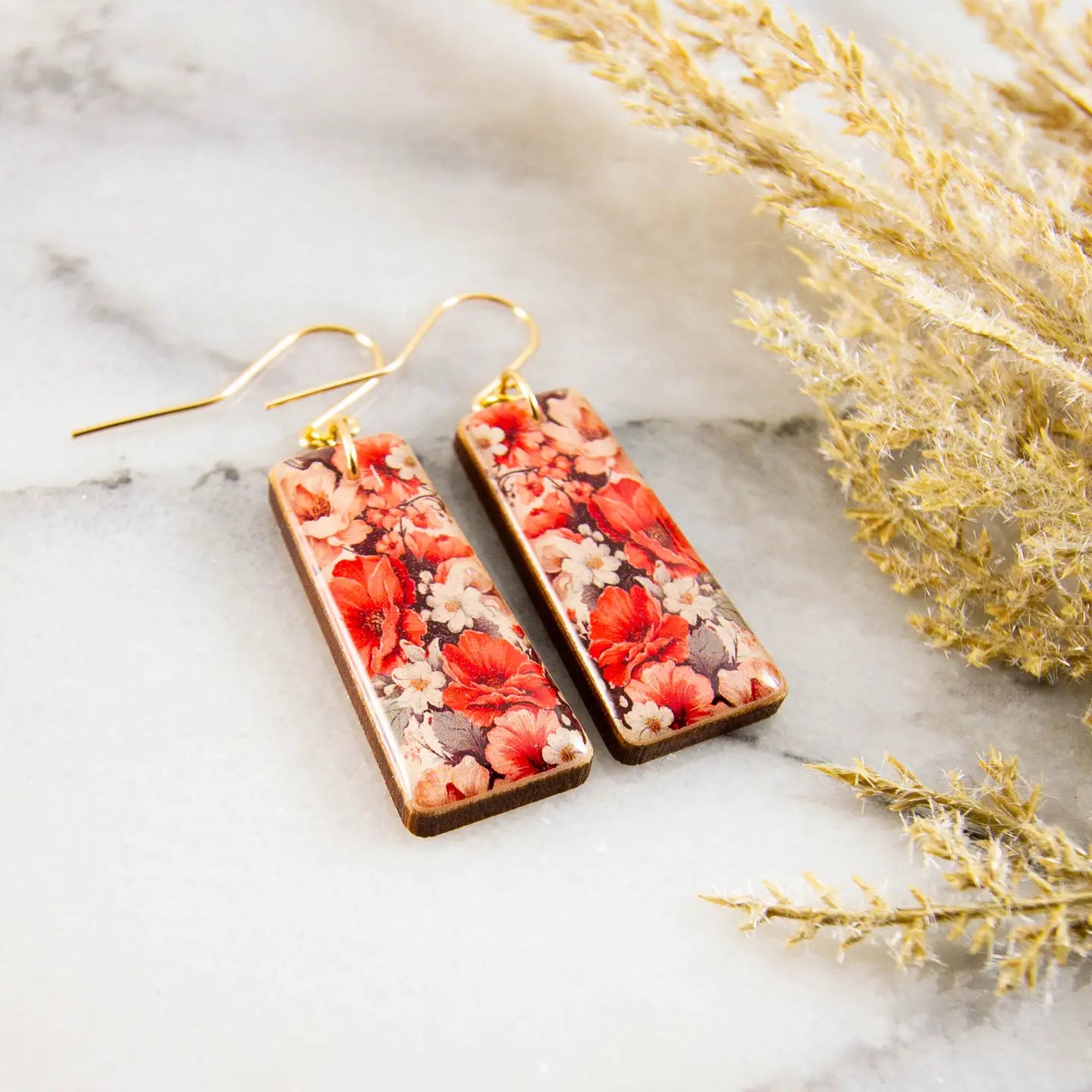 Rose + Taupe Floral Garden Tapered Rectangle Earrings