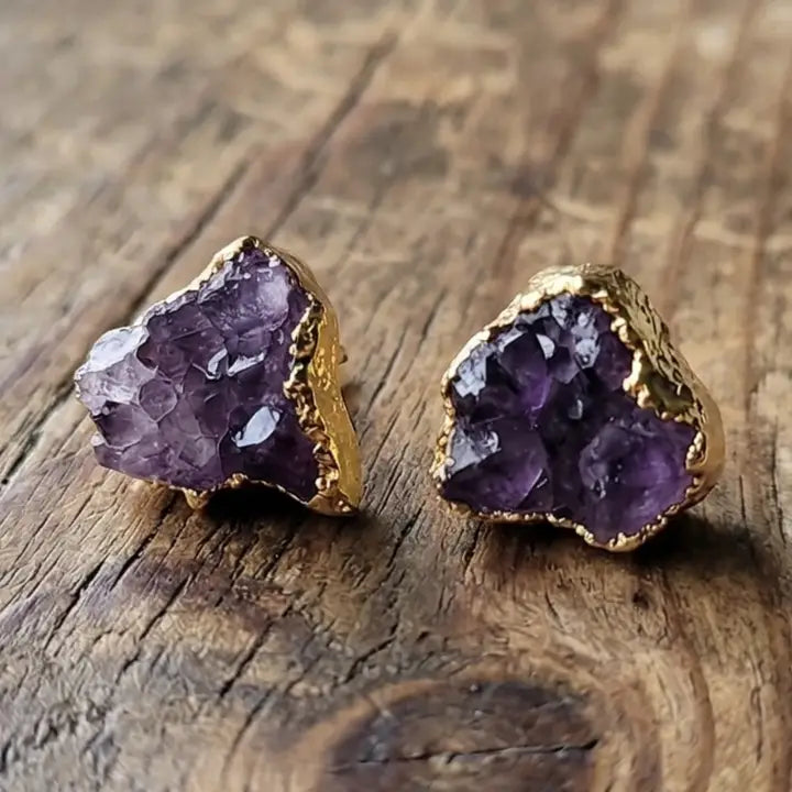 Raw Amethyst Stud Earrings – Natural Purple Druzy Stones in Gold-Plated Brass