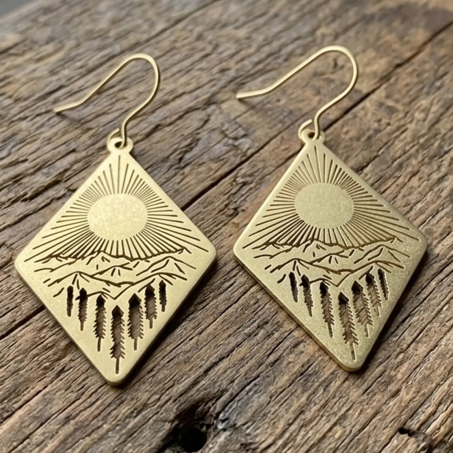 Raw Brass Mountain & Sun Laser-Cut Diamond Drop Earrings - 18k Gold Plated