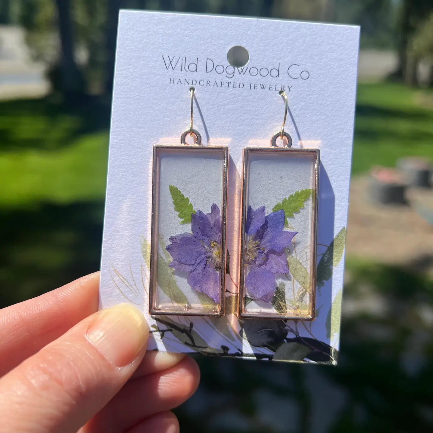 Real Purple Delphinium and Brass Earrings