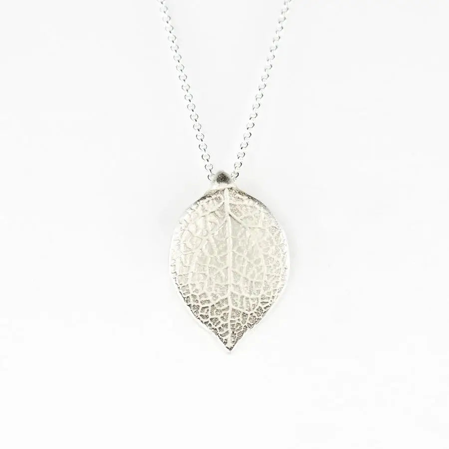 Salal Leaf Pendant Necklace (L) Frosted Sterling Silver