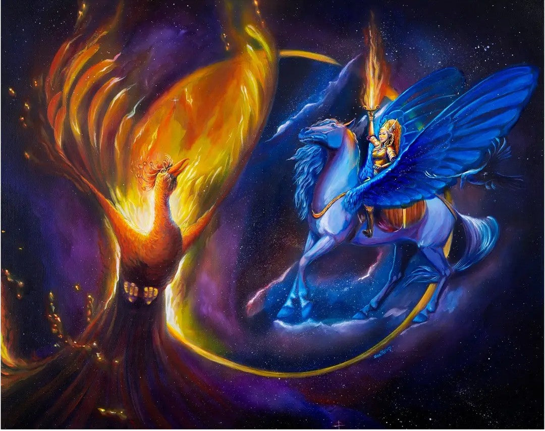 Valkyrie & the Phoenix (Strength. Rebirth) Art Print