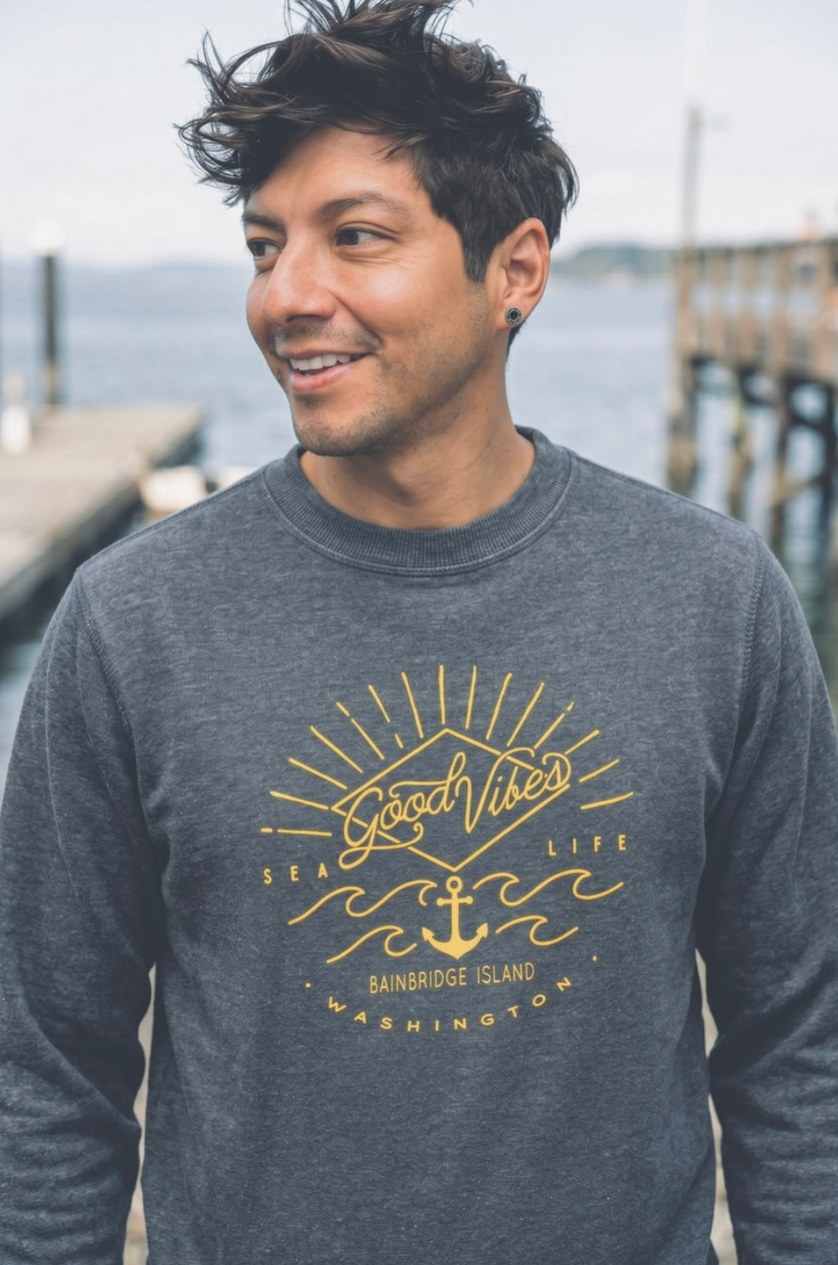 Good Vibes Sea Life Fleece Sweatshirt Crew Navy