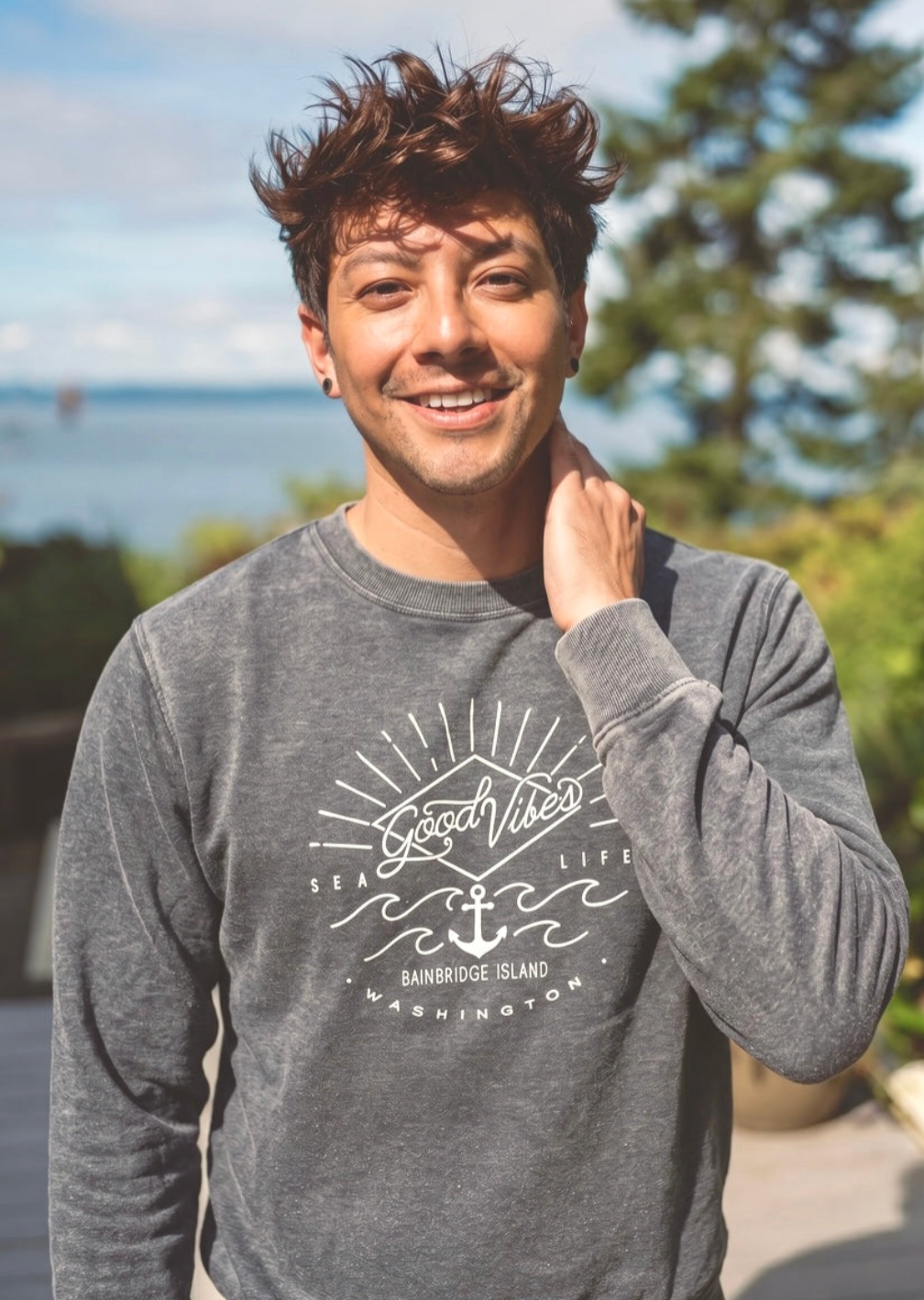 Good Vibes Sea Life Fleece Sweatshirt Crew Charcoal