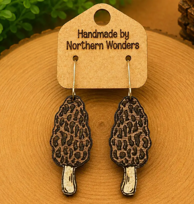 Morel Mushroom Wood Earrings