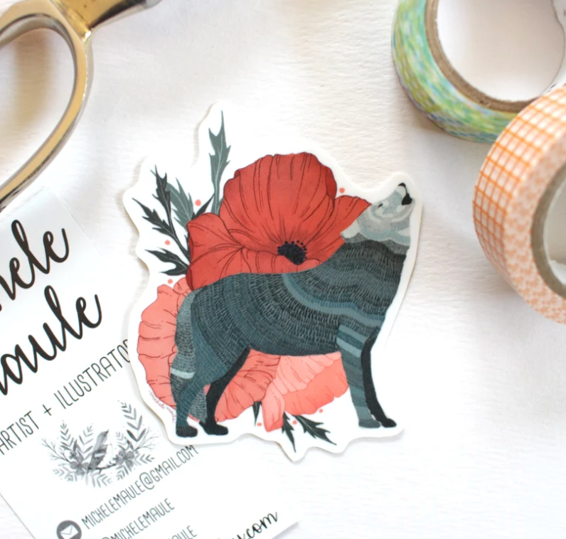 Vinyl Sticker - Grey Wolf with Poppies