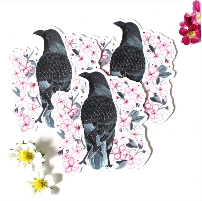 Set of Three Illustrated Crow and Blossoms Vinyl Stickers