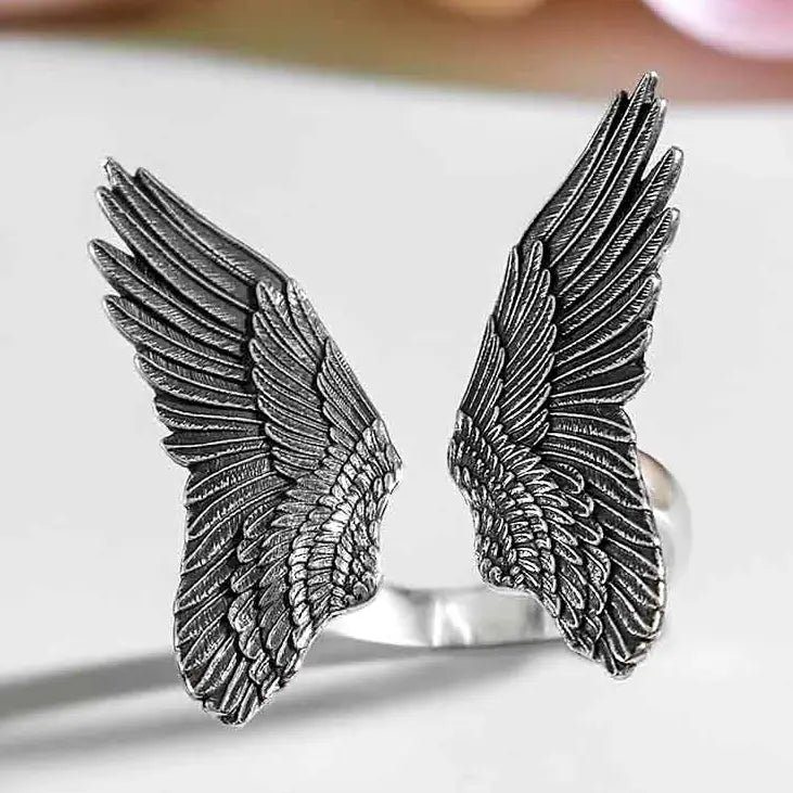 Adjustable Detailed Angel Wing Sterling Silver Ring