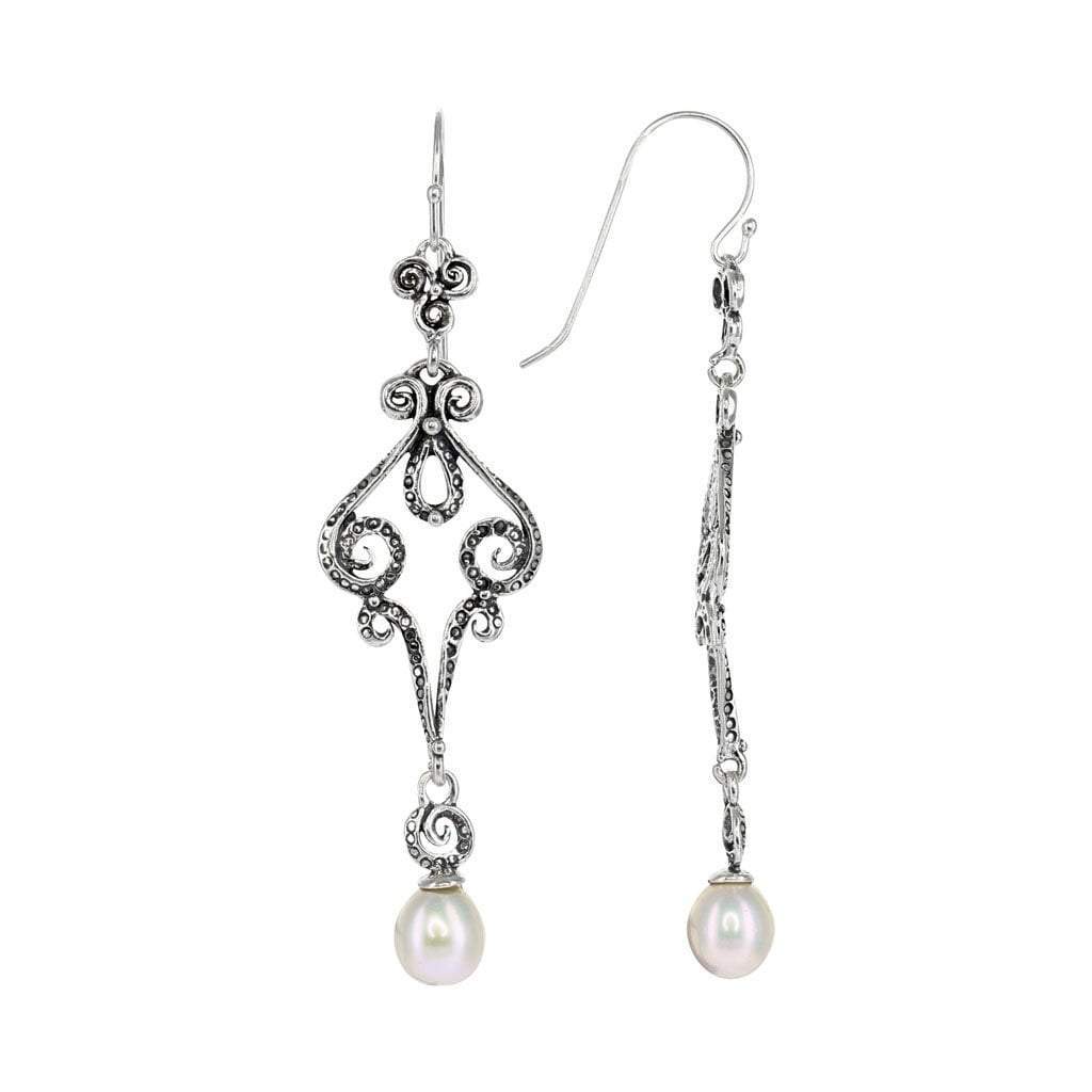 Sterling Silver Fancy Dangle Earrings with Pearl Detail Silver