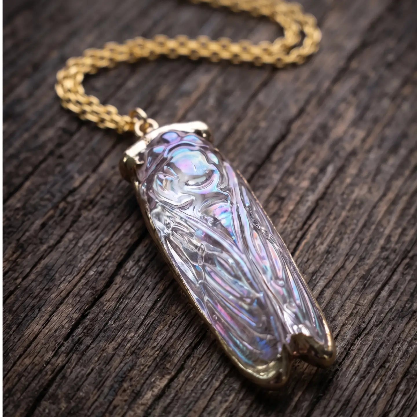 The Golden Dawn Cicada Talisman Necklace – Iridescent Glass Aura Pendant