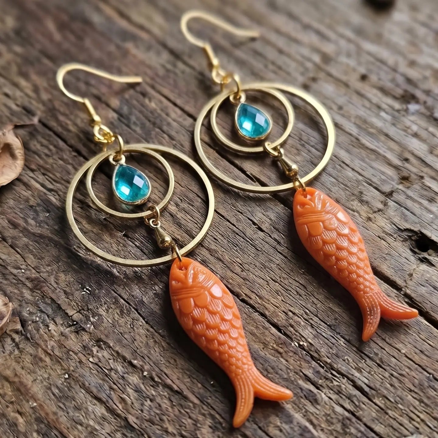 Vintage Inspired Coral Fish Dangle Earrings with Blue Crystal & Raw Brass