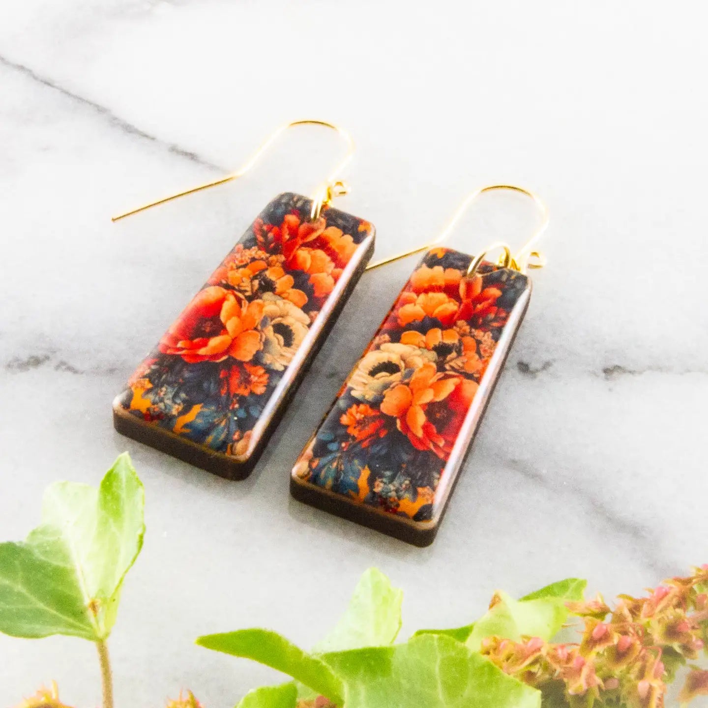 Autumn Floral Bouquet Tapered Rectangle Earrings