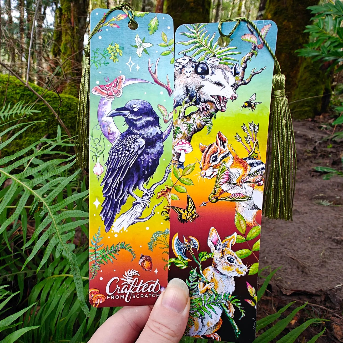 Feral Forest - Bookmark - Opossum Chipmunk Rabbit Raven Bee