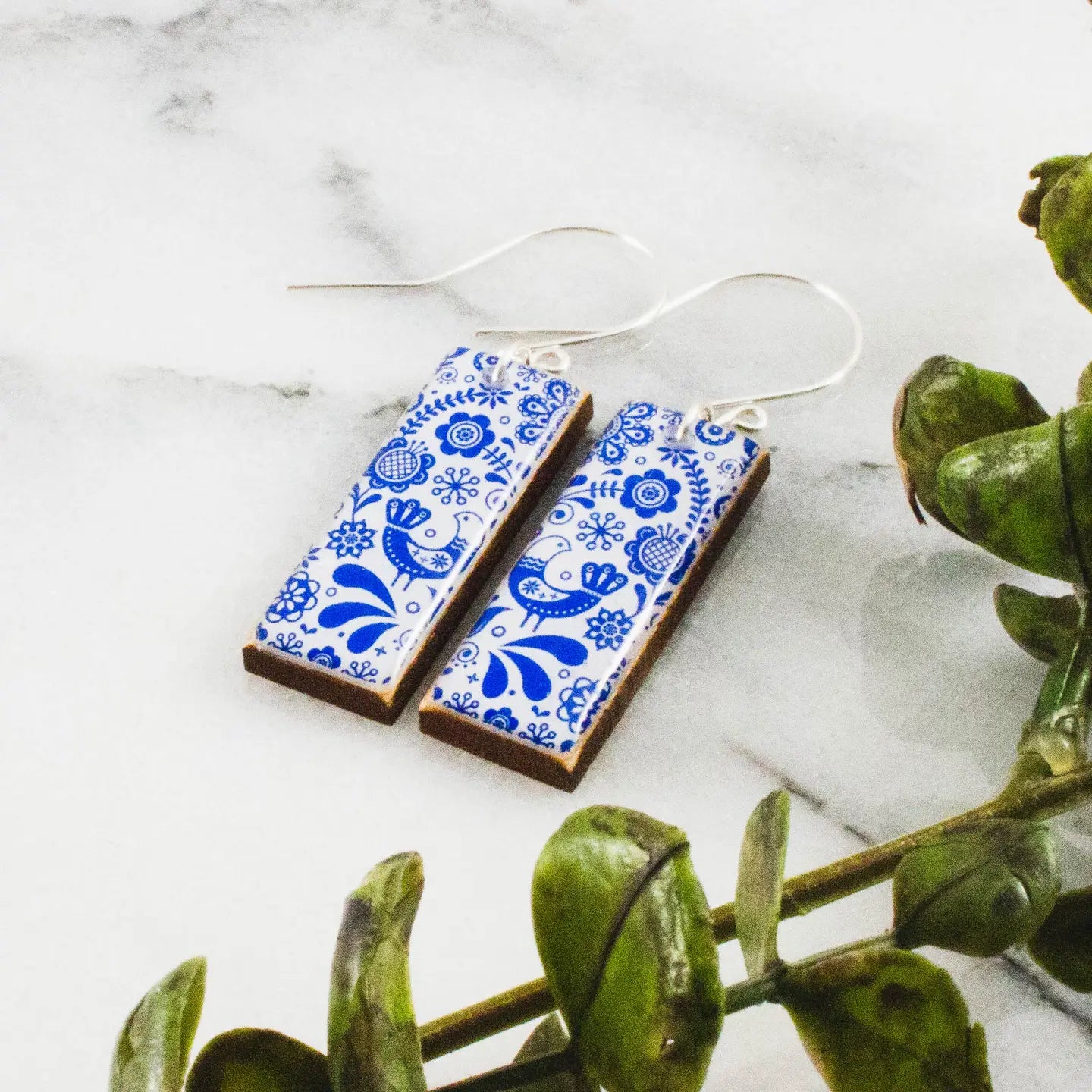 Blue + White Swedish Floral Rectangle Earrings