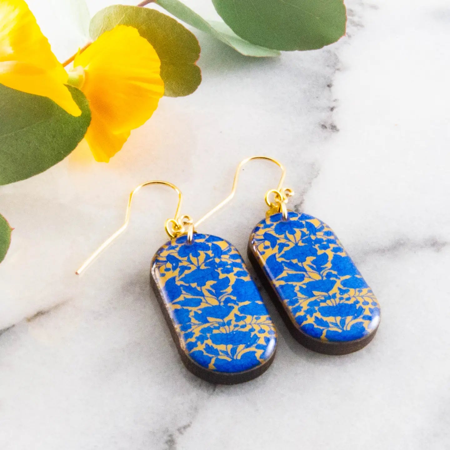 Bright Blue + Yellow Floral Oblong Earrings