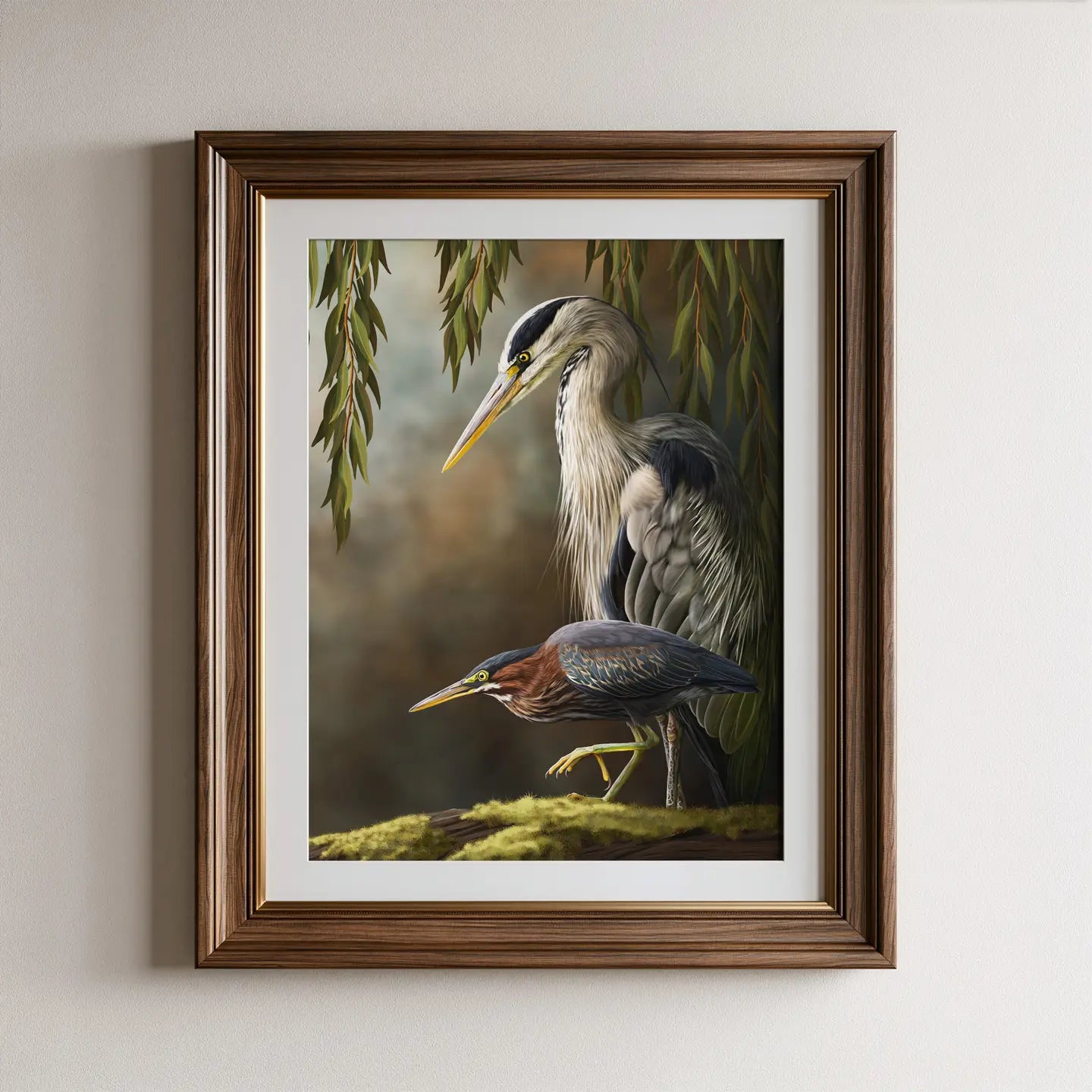 Blue & Green Herons With Willow Fine Art Print