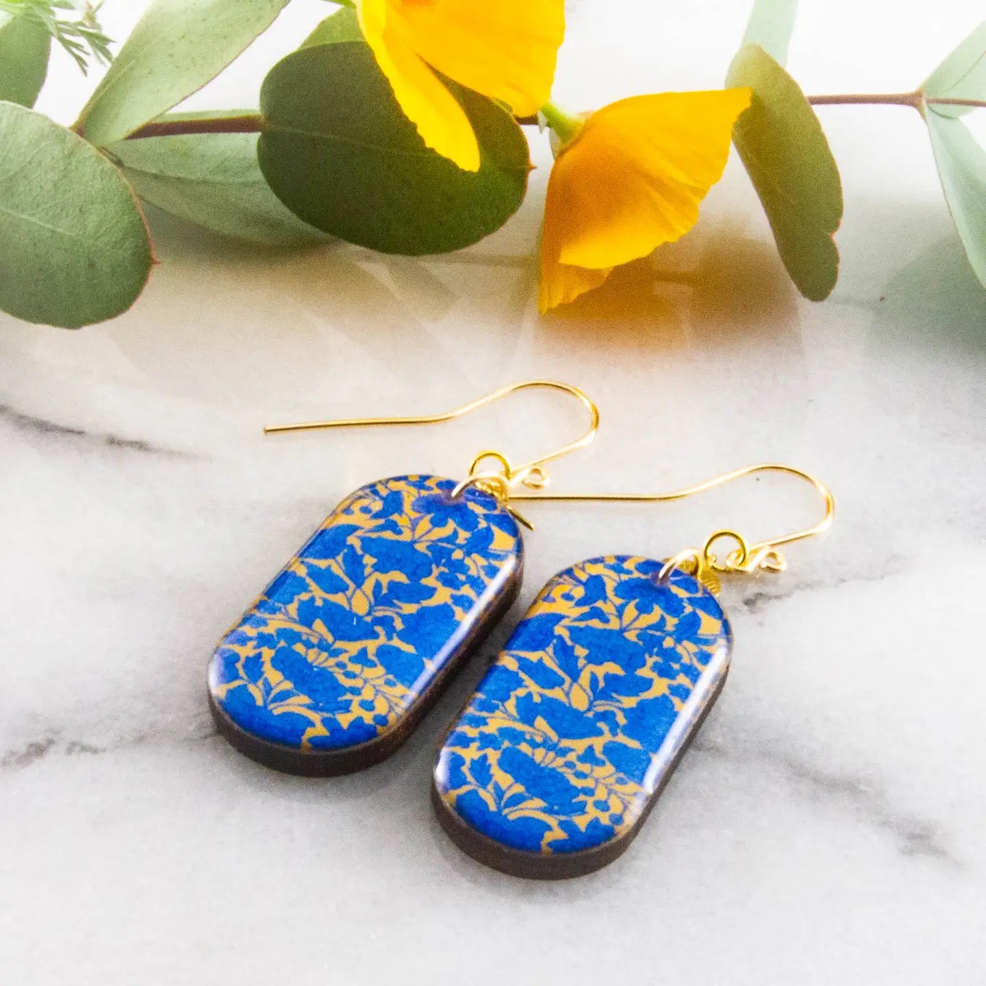 Bright Blue + Yellow Floral Oblong Earrings