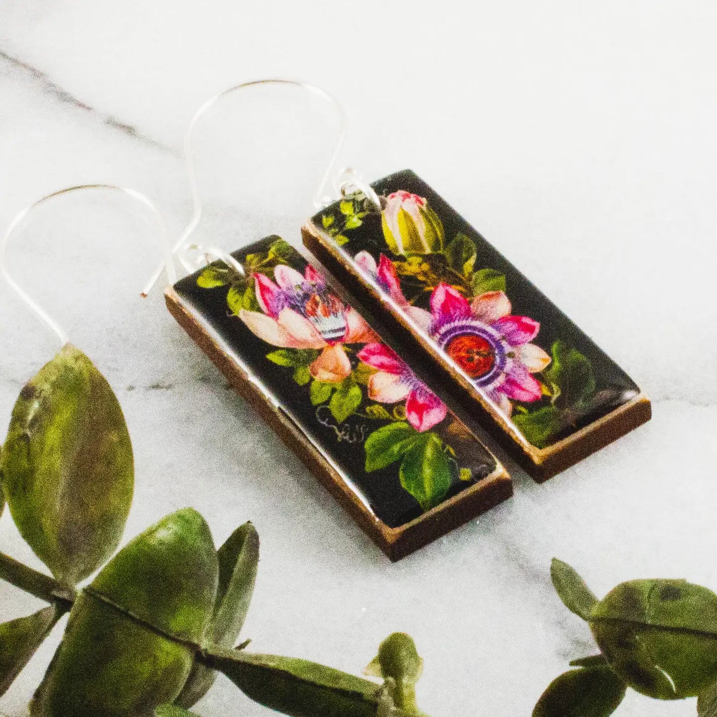 Black + Pink Vintage Botanical Rectangle Earrings