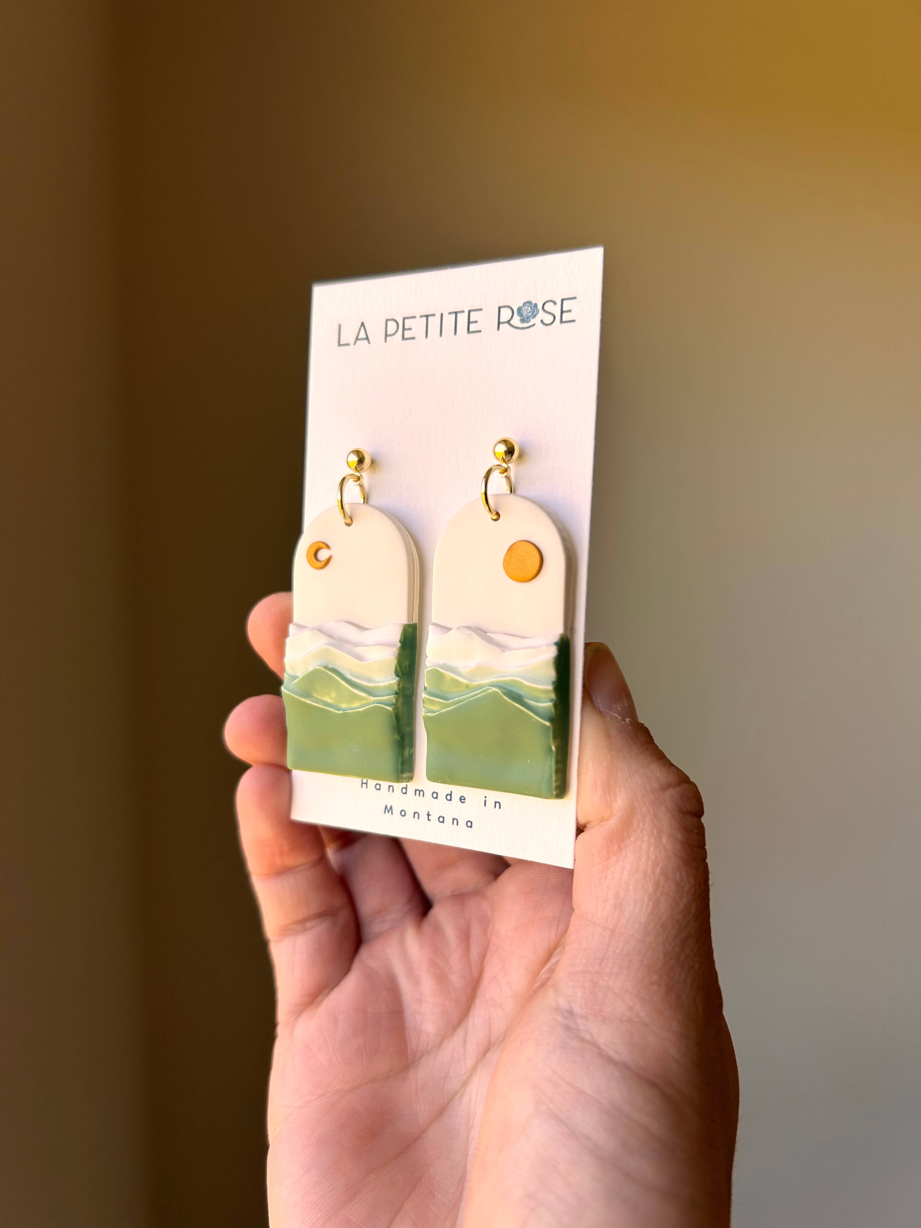 Green Day Night Landscape Earrings, Sun Moon Dangles