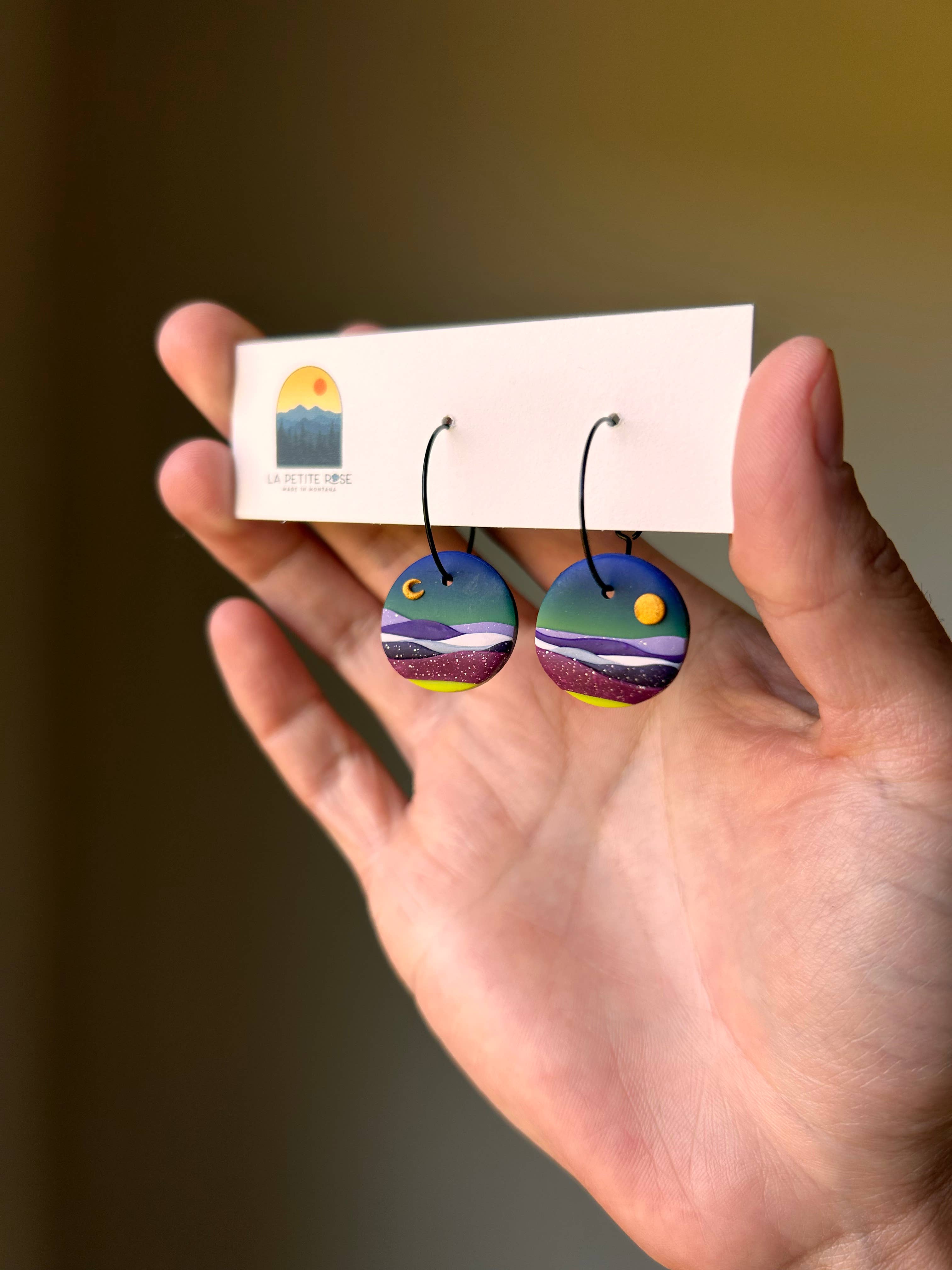 Northern Lights Landscape Clay Earrings, Sun Moon Dangles